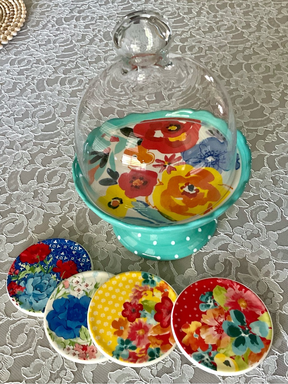 The Pioneer Woman Aqua Polka-Dot Glass Cake Dome with 4 Floral coasters. Great